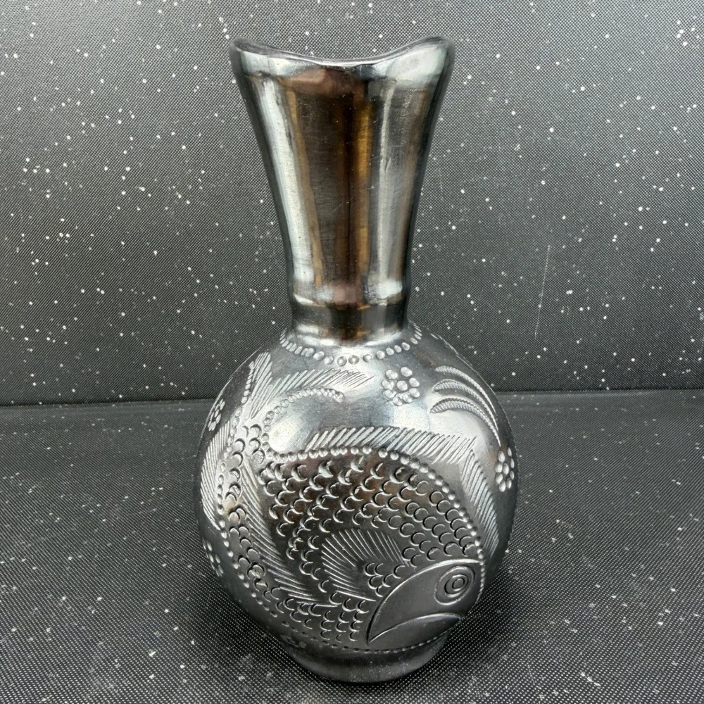 Dona Rosa Barro Negro Black Clay Fish Vase Oaxacan Mexican Folk Art 7in Vintage